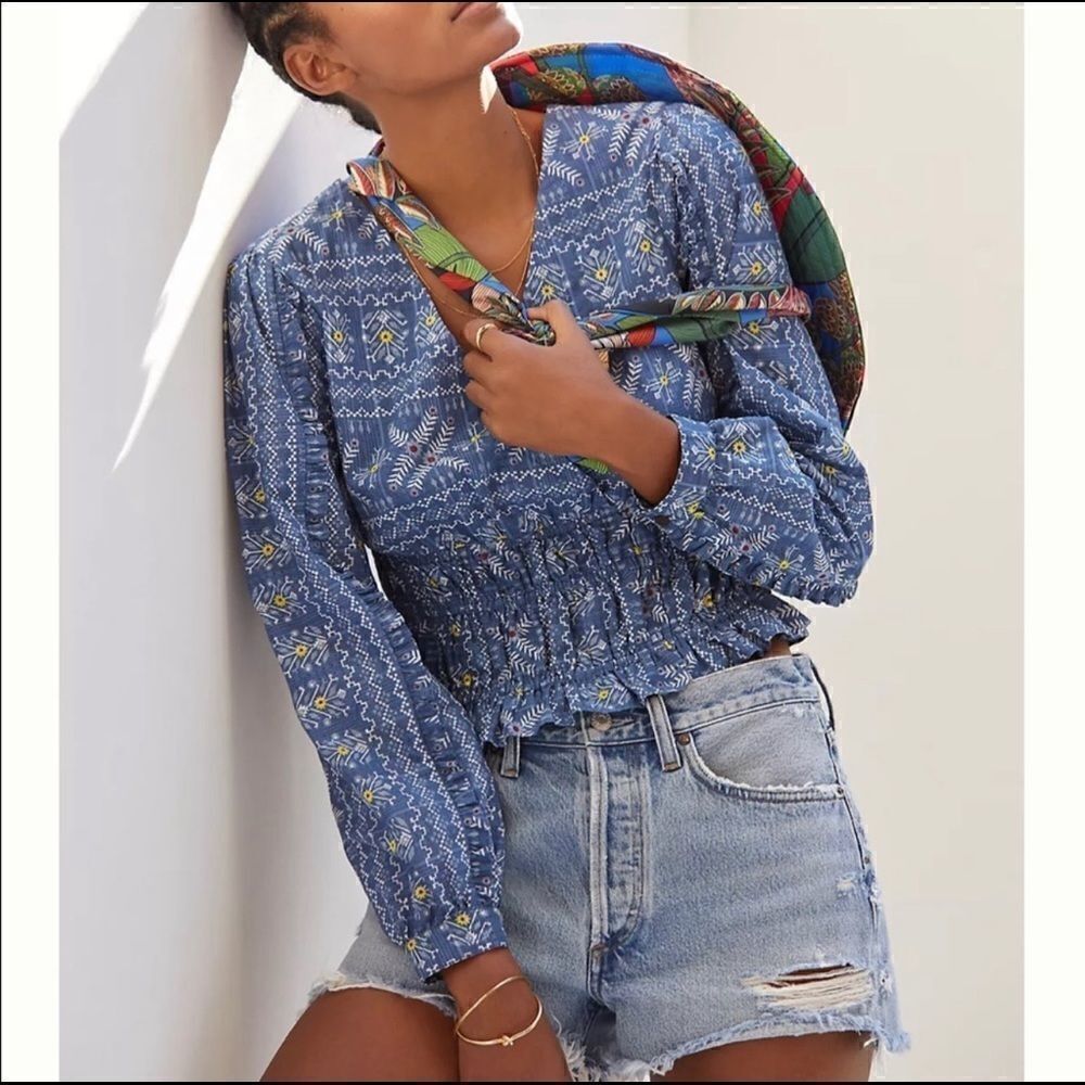Anthropologie | Embroidered Smocked Blouse